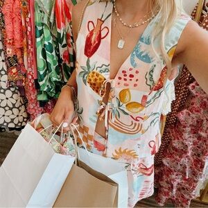 Paper Heart Linen-Blend Fruit Print Tie Front Vest Tank Pink Size Small NEW